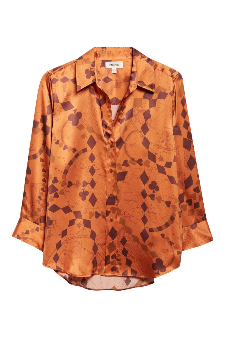Dani Playing Card Print Silk Button-Up Shirt, Alternate, color, AMBER BROWN PLAYING CARD GEO
