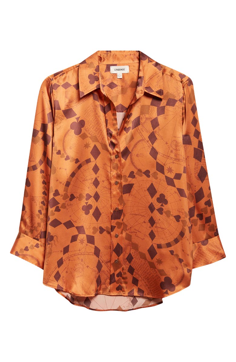 L
AGENCE Dani Playing Card Print Silk Button-Up Shirt, Alternate, color, Amber Brown Playing Card Geo