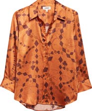 L
AGENCE Dani Playing Card Print Silk Button-Up Shirt