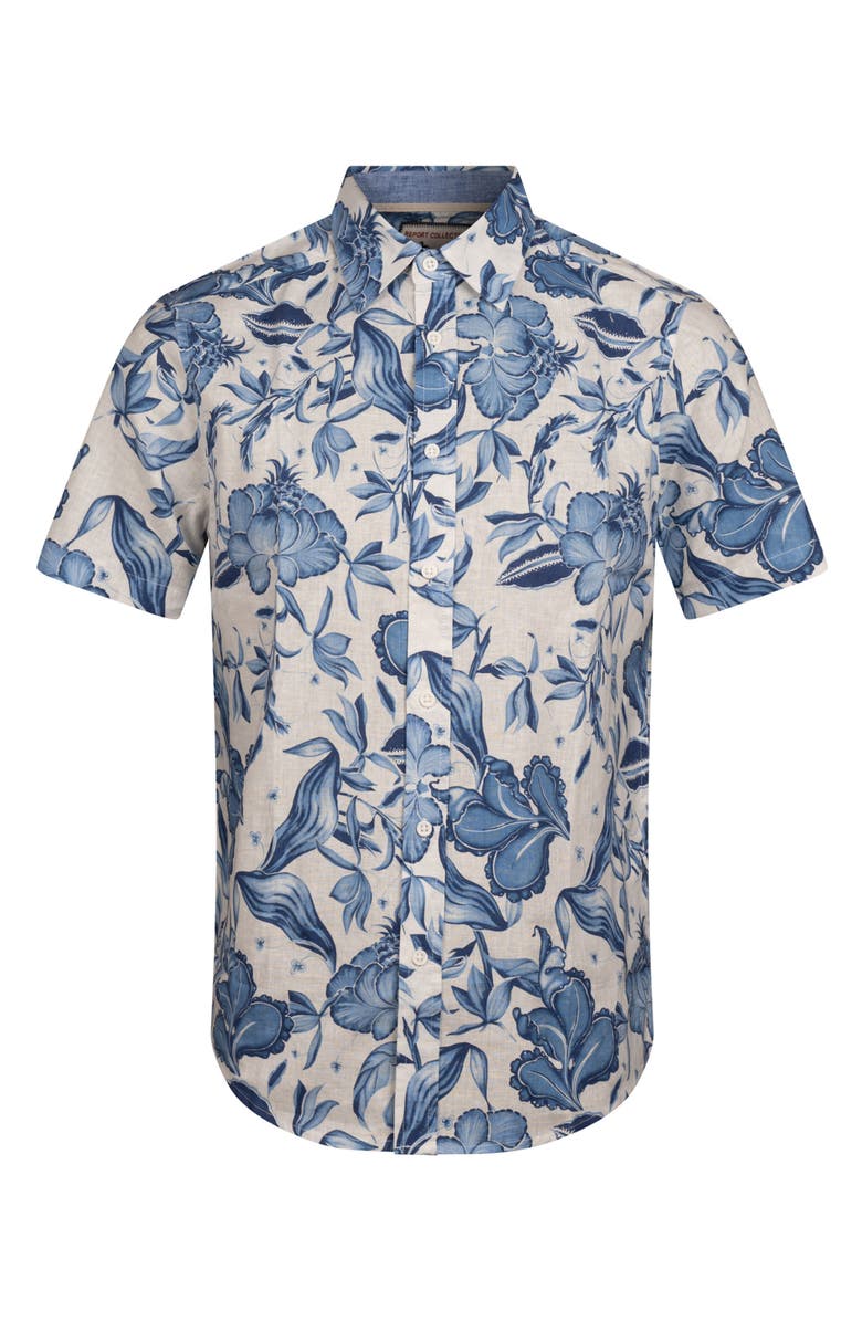 Report Collection Floral Print Short Sleeve Linen & Cotton Blend Button-Up Shirt, Alternate, color, 40 Blue