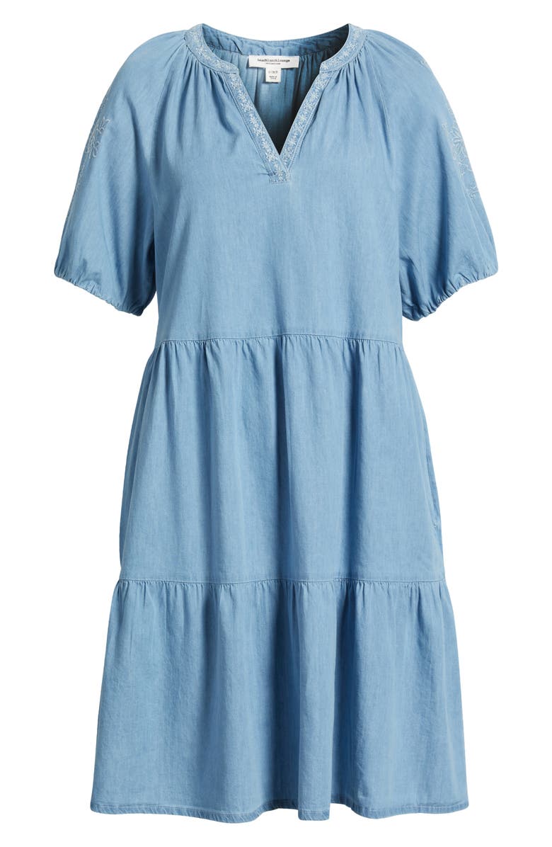beachlunchlounge Ayla Embroidered Tiered Dress, Alternate, color, Medium Wash