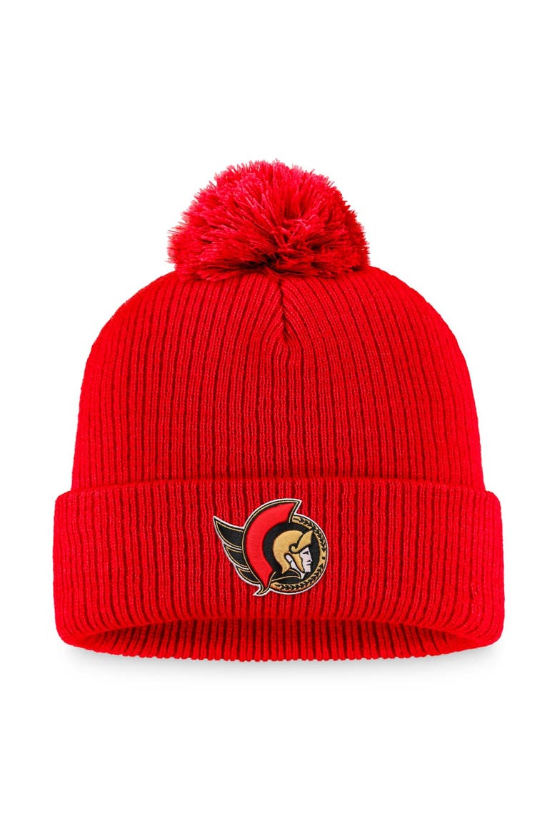 Men's Fanatics Branded Red Ottawa Senators Core Primary Logo Cuffed Knit Hat with Pom, Main, color, Red