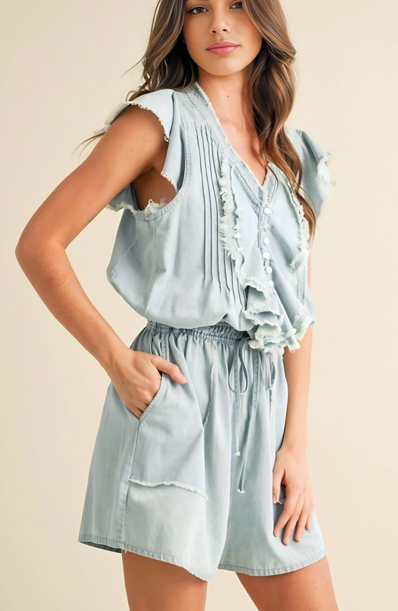 Knit and Lounge Sleeveless Button-Front Romper, Alternate, color, Light Blue