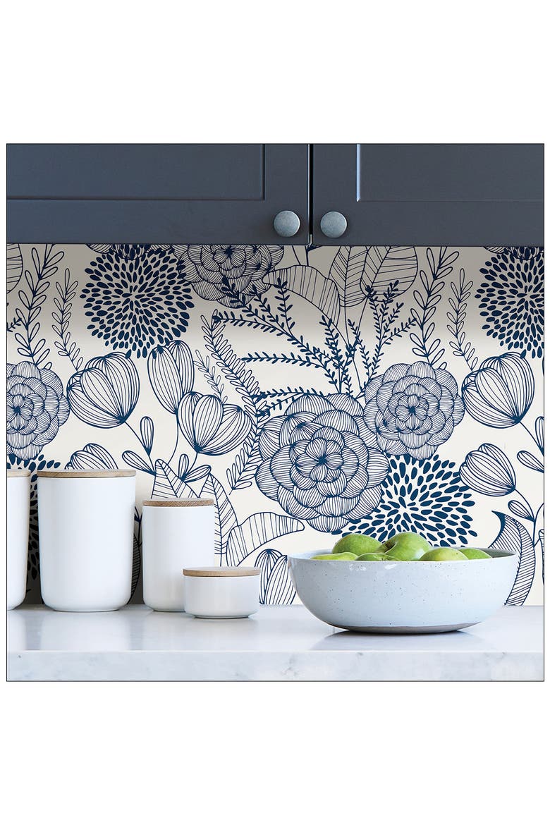 Navy Secret Garden Peel & Stick Wallpaper, Alternate, color, BLUE