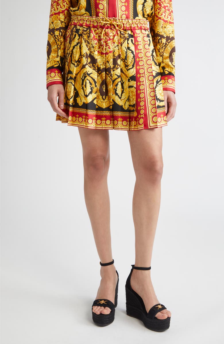 Versace Barocco 92 Pleated Silk Twill Skirt, Main, color, Parade Red Black