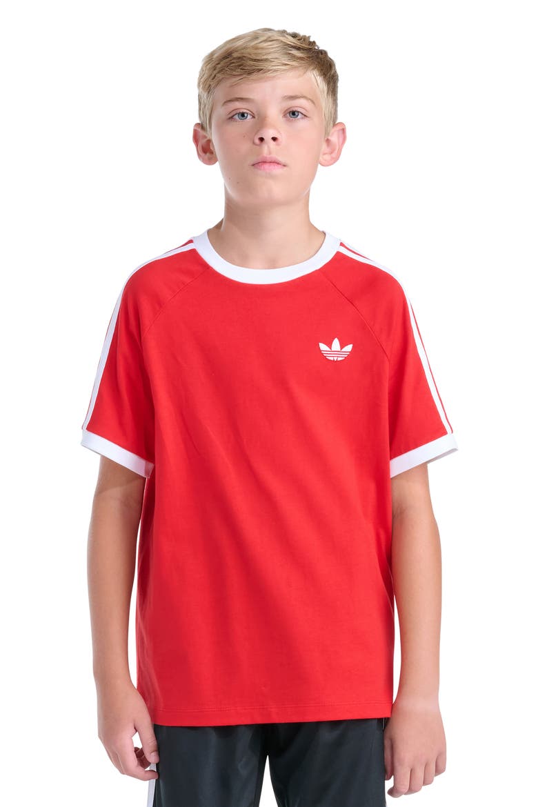 Kids' 3-Stripes Ringer T-Shirt, Main, color, BRIGHT RED