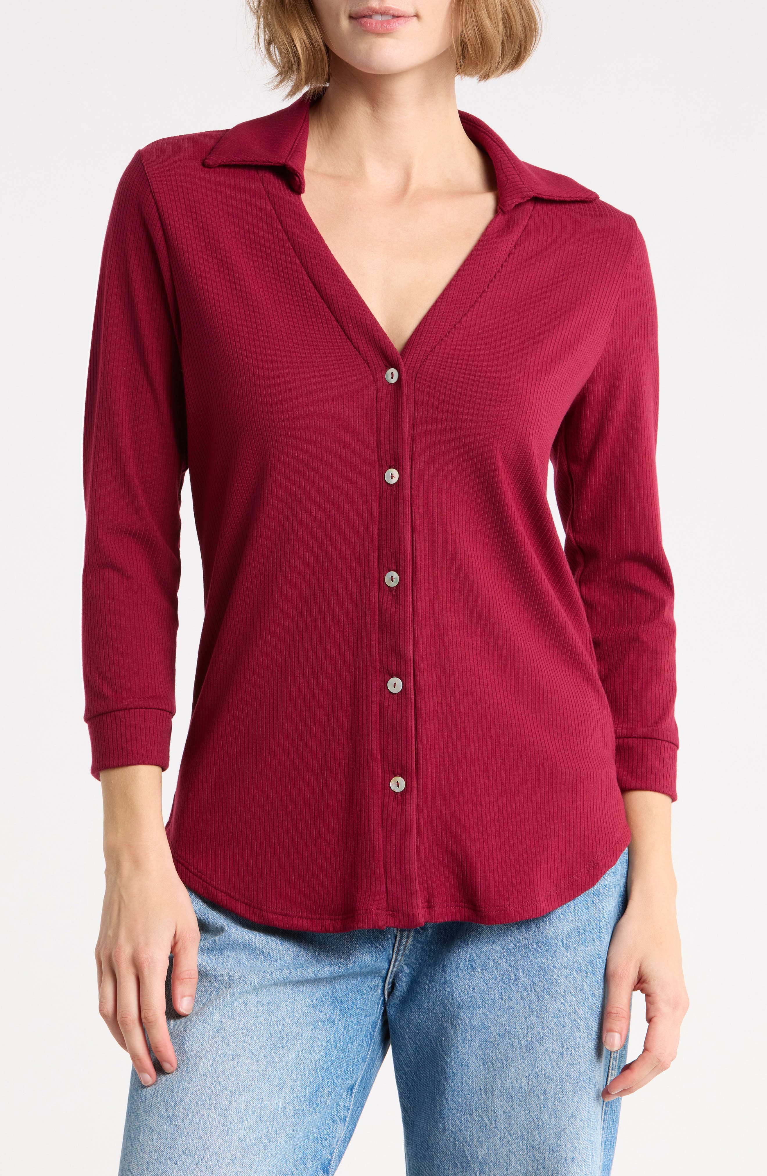 Ribbed Button Front Three Quarter Sleeve Top