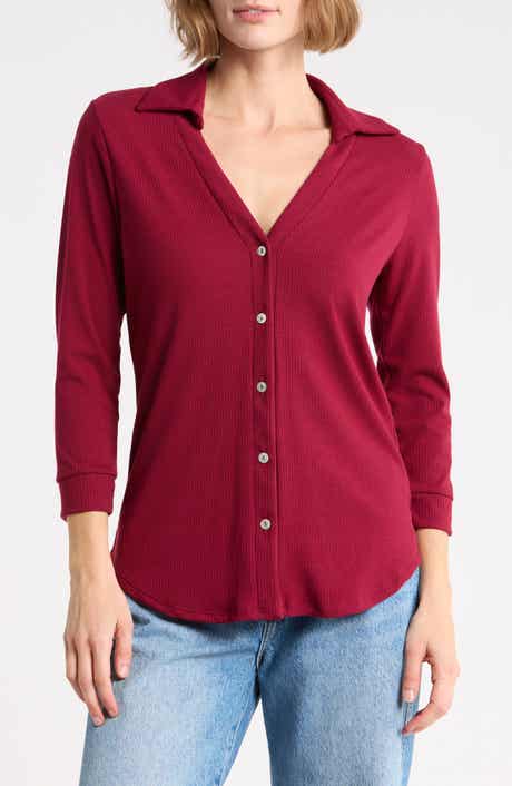 Ribbed Button Front Three Quarter Sleeve Top