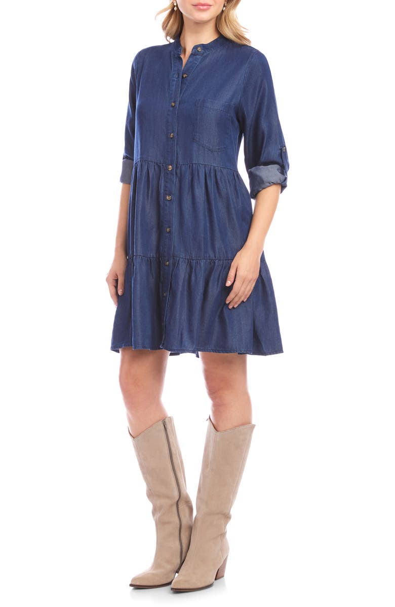 Karen Kane Tiered Denim Shirtdress, Alternate, color, Chambray Blue