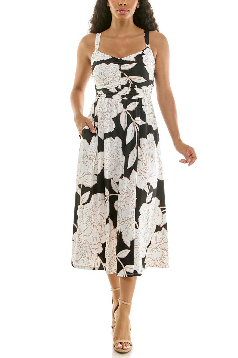 Floral Shirred Bodice Midi Dress, Main, color, BLACK/ TAN/ IVORY