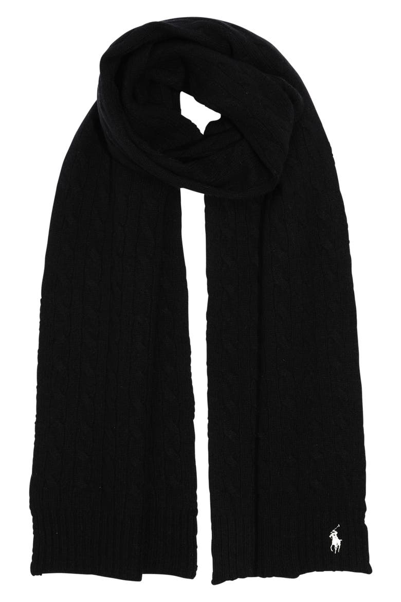 Logo Embroidered Wool & Cashmere Cable Stitch Scarf, Main, color, BLACK