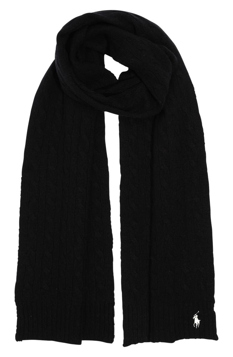 Polo Ralph Lauren Logo Embroidered Wool & Cashmere Cable Stitch Scarf, Main, color,