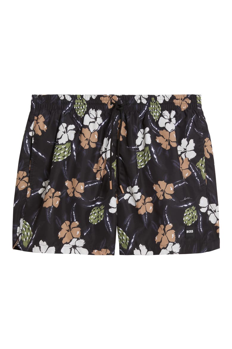 Piranha Floral Swim Trunks, Alternate, color, BLK