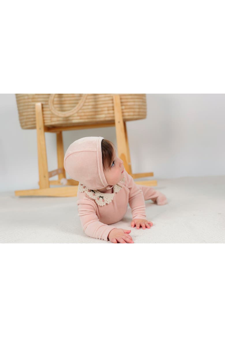 Velour Crochet Collar Snap Back Romper and Bonnet Set, Alternate, color, Off White