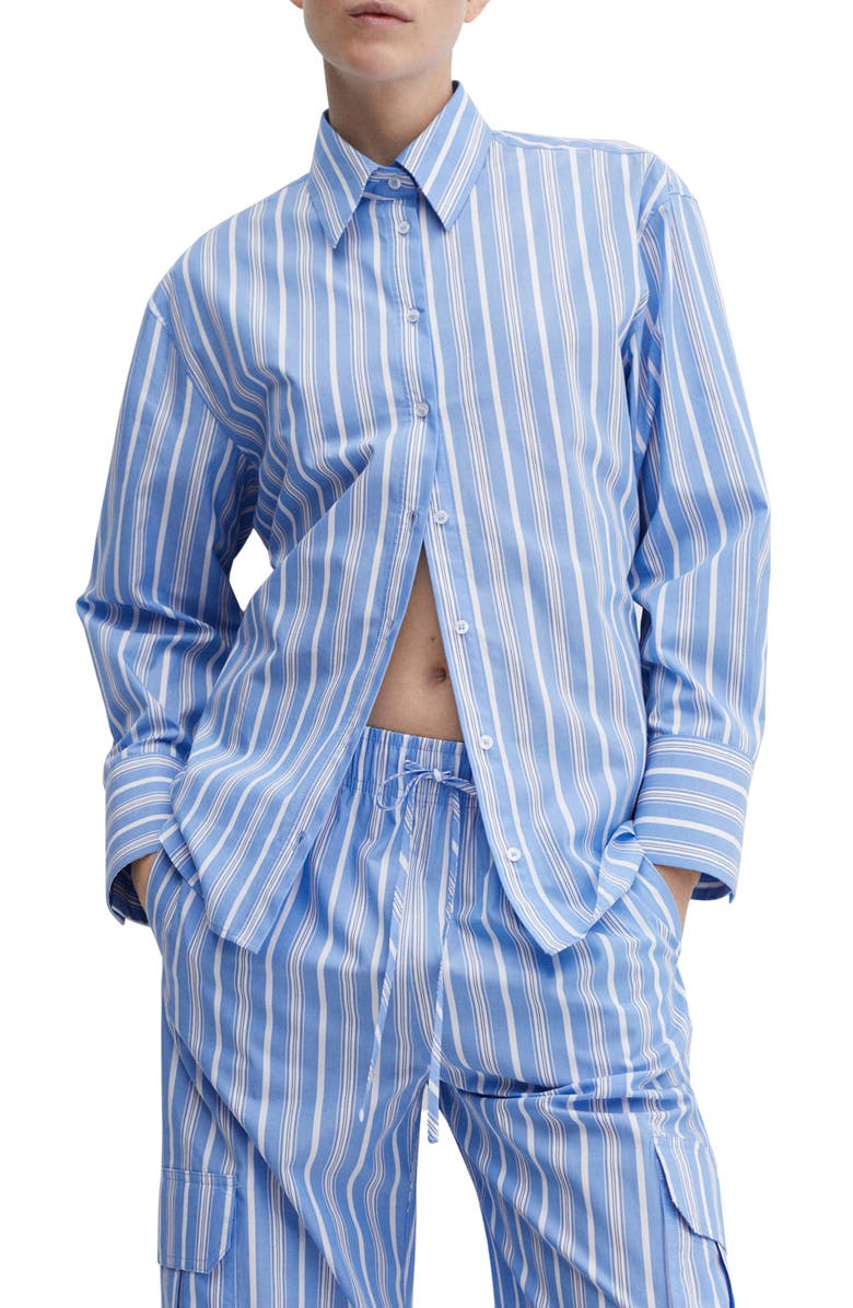 MANGO Stripe Tie Waist Cotton Button-Up Shirt, Main, color, 