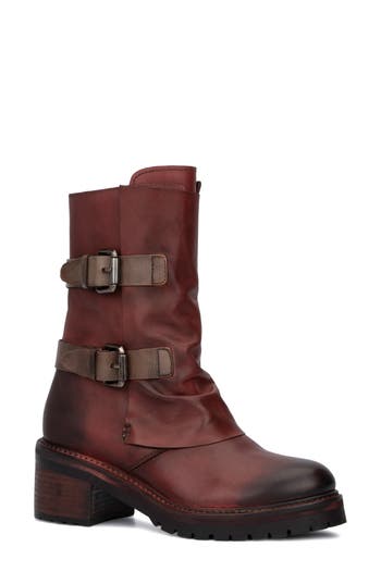 Vintage Foundry Margot Double Buckle Leather Boot In Burgundy