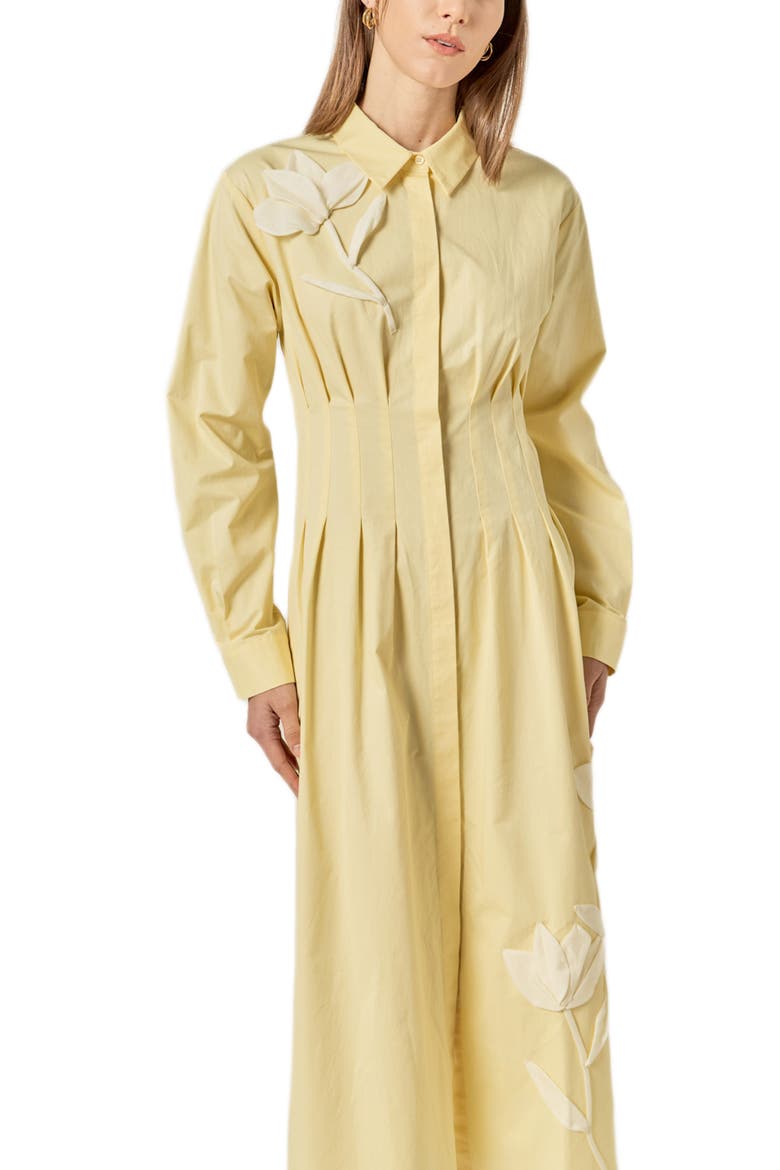 Floral Appliqué Pintuck Long Sleeve Cotton Shirtdress, Alternate, color, BUTTER YELLOW