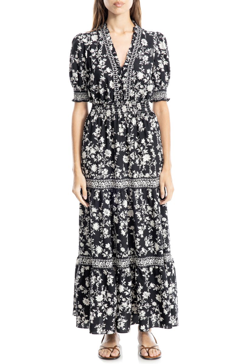 MAX STUDIO Floral Short Sleeve Tiered Maxi Dress, Main, color, Black/Ivory Silhouette Vine