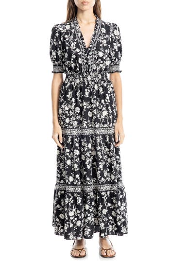 Max Studio Floral Short Sleeve Tiered Maxi Dress In Blk/ivry Slhtt Vine