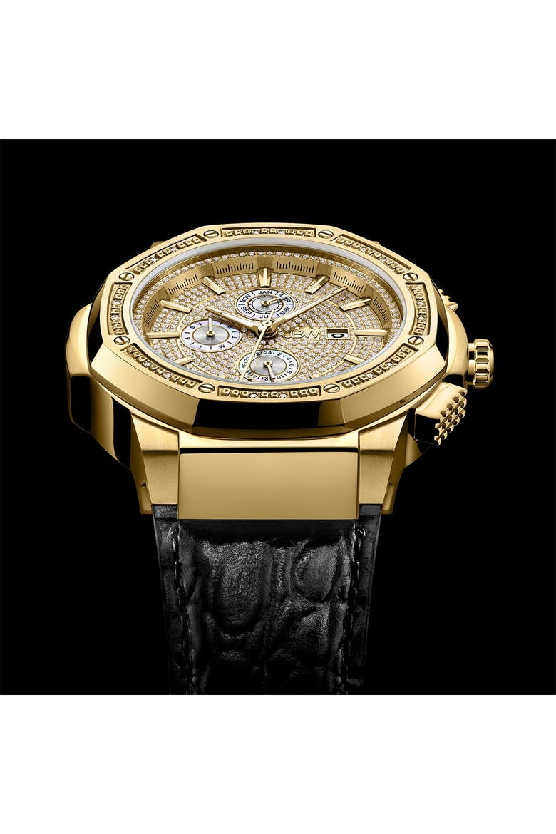 Men's Saxon Diamond Croc Embossed Leather Strap Watch, 48mm - 0.16 ctw, Alternate, color, GOLD