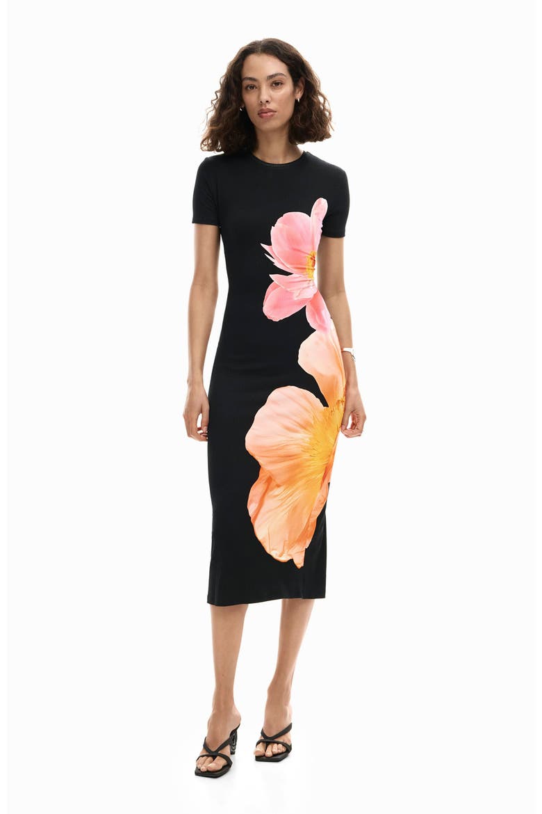Floral Midi Dress, Alternate, color, BLACK