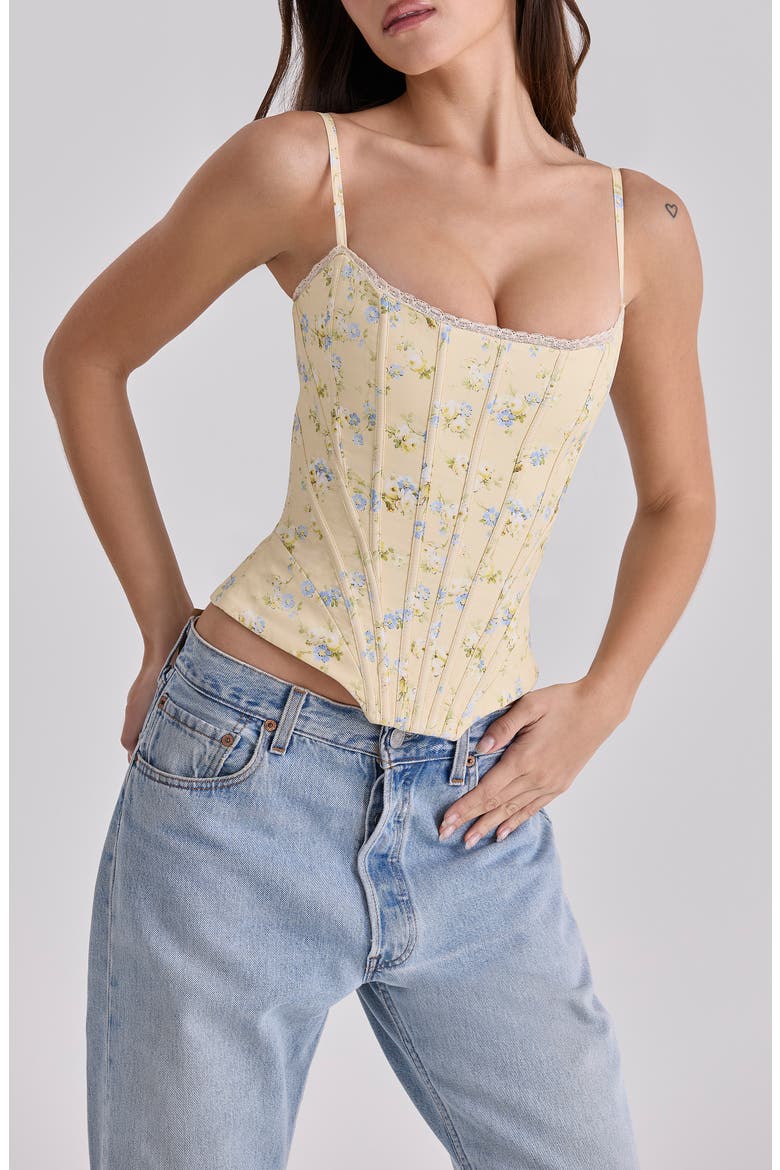 Cadie Lemon Floral Stretch Cotton Corset Top, Alternate, color, LEMON FLORAL