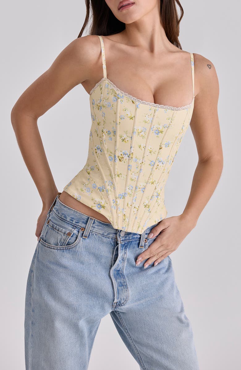 HOUSE OF CB Cadie Lemon Floral Stretch Cotton Corset Top, Main, color, Lemon Floral