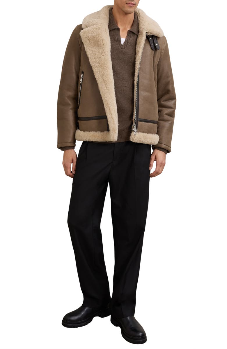 Reiss Hardy Genuine Shearling Trim Aviator Jacket, Alternate, color, Light Brown