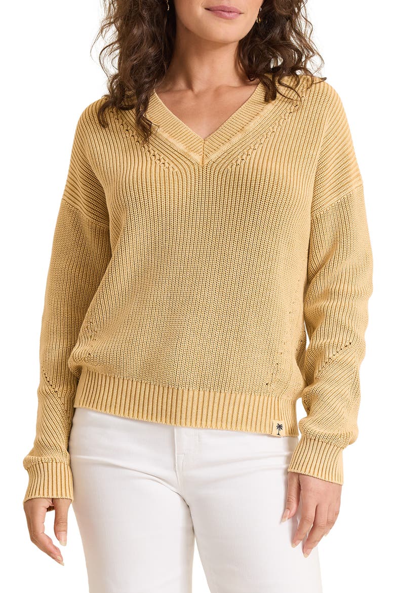 Indigo Palms Cotton V-Neck Sweater, Main, color, GOLDEN HONEY