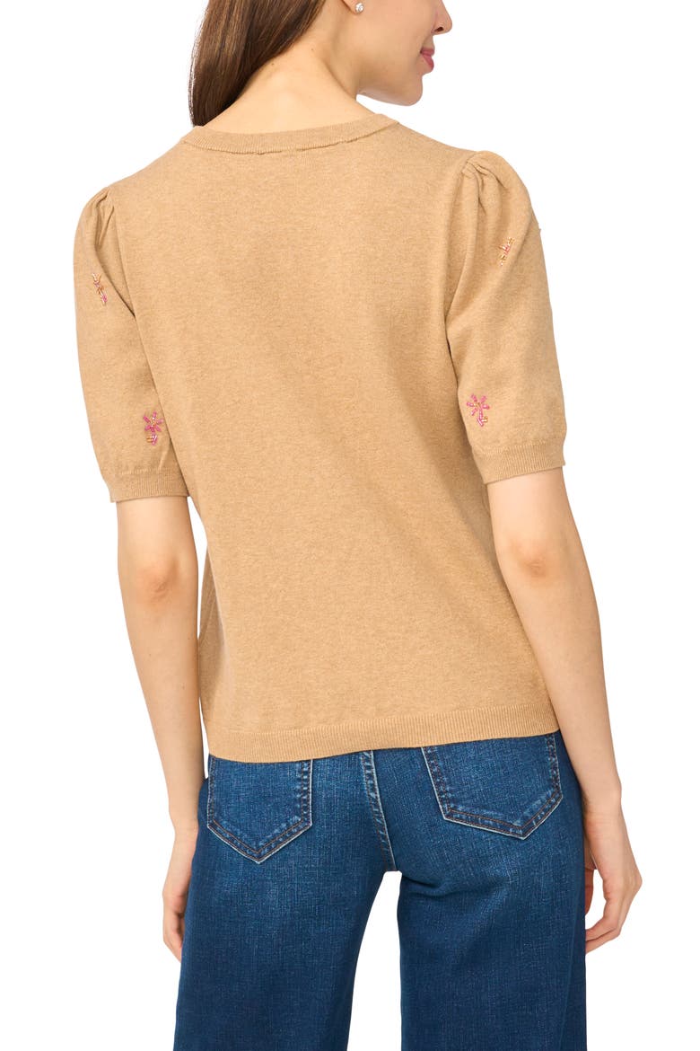 Beaded Short Sleeve Crewneck Sweater, Alternate, color, LATTE HEATHER