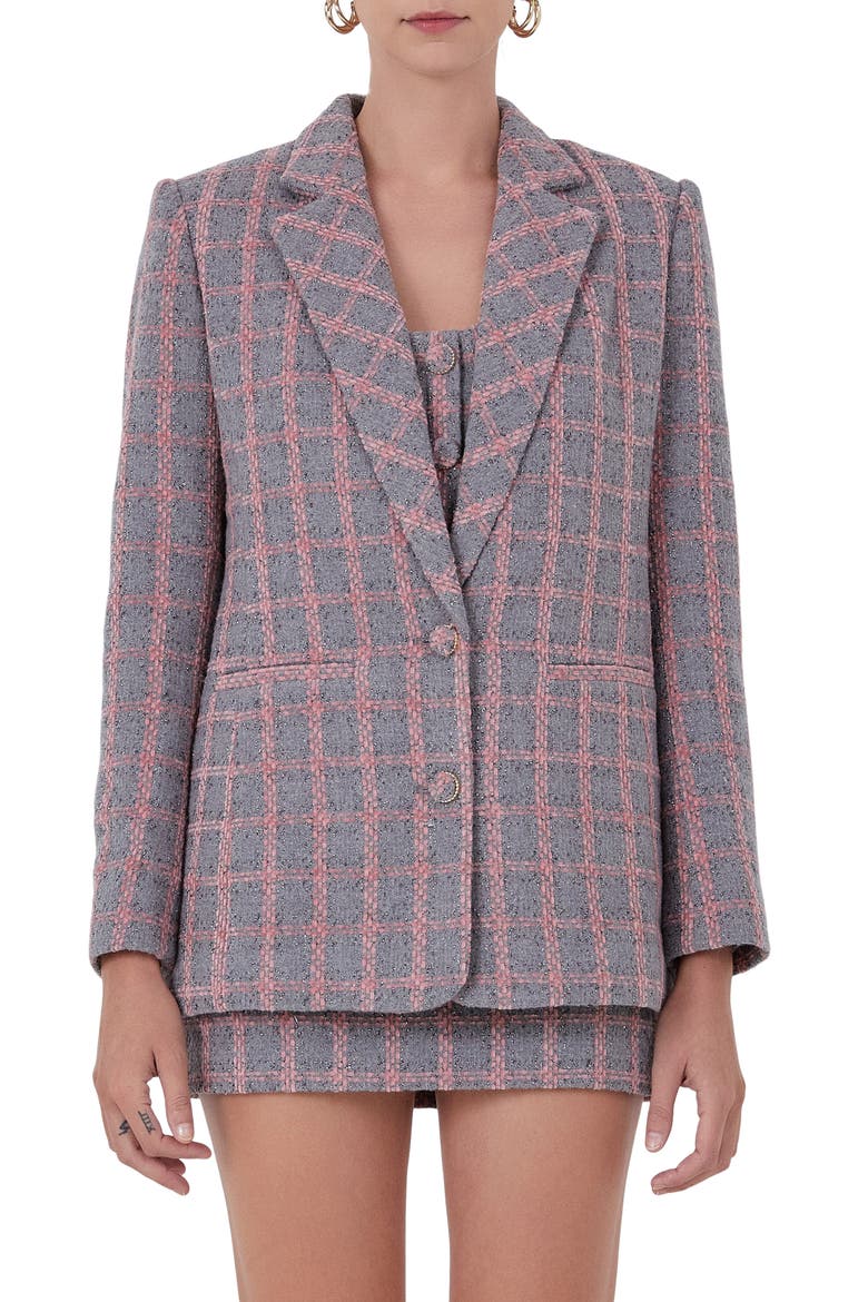 Plaid Tweed Blazer, Main, color, GREY