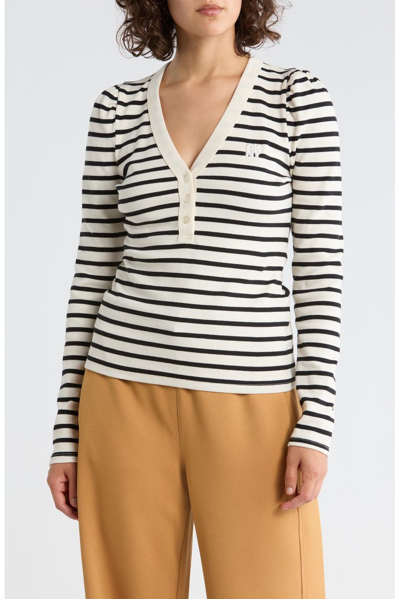 Puff Sleeve Henley, Main, color, EGGNOG/ BLACK