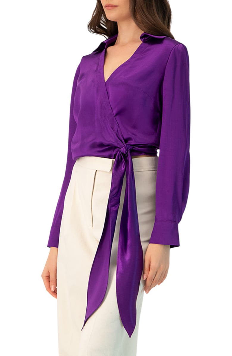 IVONNE Wrap Satin Blouse with Tie Detail, Alternate, color, Purple