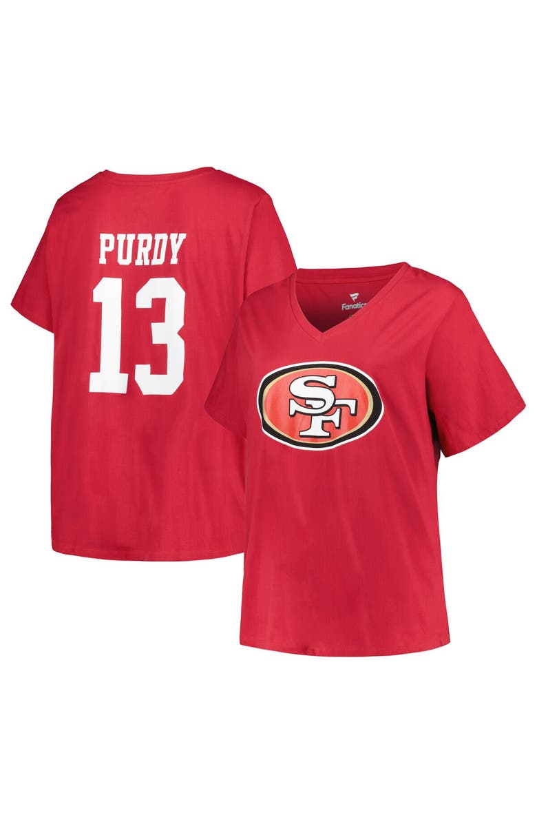 FANATICS Women's Brock Purdy Scarlet San Francisco 49ers Plus Size Fair Catch Name & Number V-Neck T-Shirt, Main, color, 