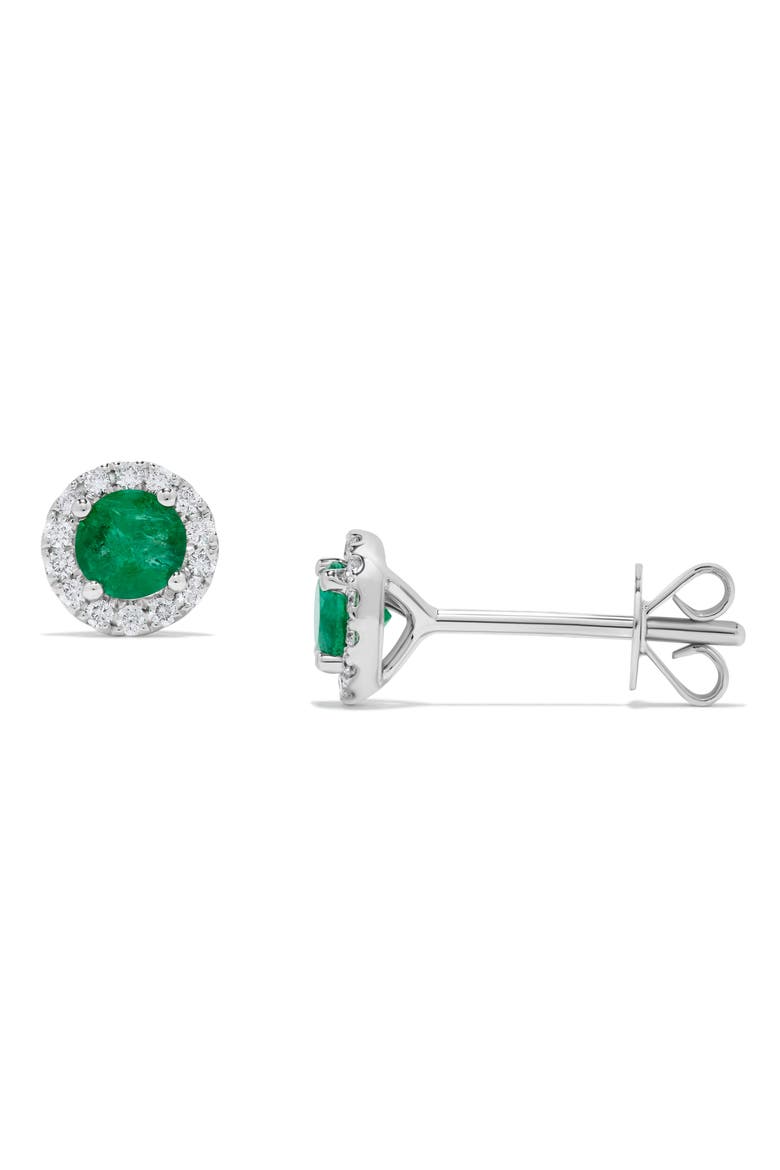 14K White Gold Emerald & Diamond Halo Stud Earrings, Main, color, WHITE GOLD/ EMERALD/ DIAMIOND