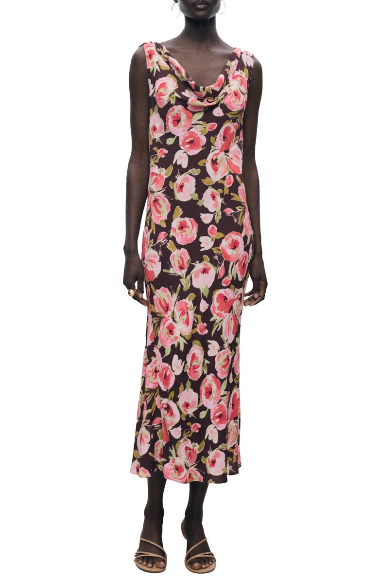 MANGO Floral Print Cowl Neck Sleeveless Midi Dress, Main, color, Brown