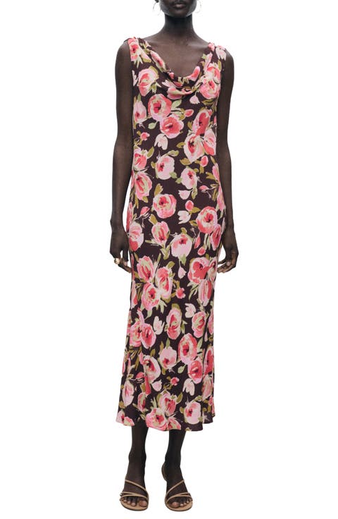 Floral Print Cowl Neck Sleeveless Midi Dress