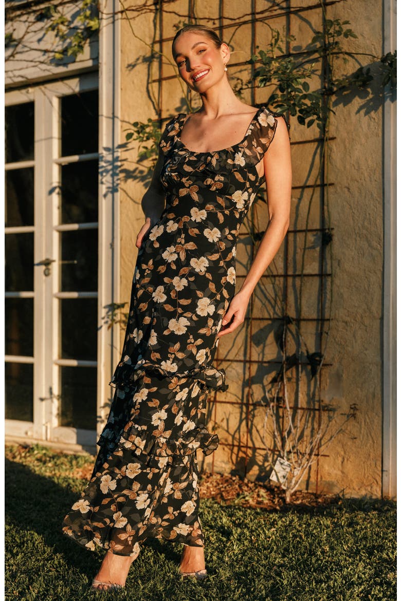 Irelynn Ruffle Convertible Floral Maxi Dress, Alternate, color, BLACK FLORAL