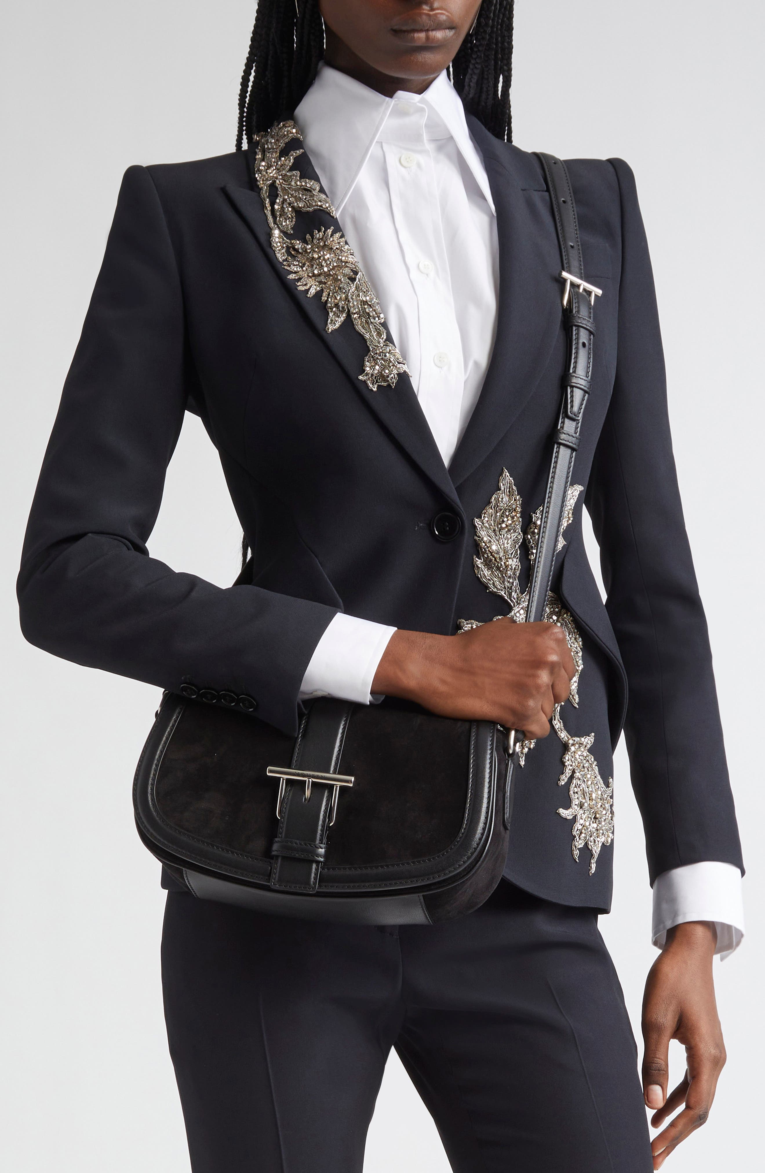 McQueen Mini T-Bar Shoulder Bag, Alternate, color, Black/ Silver