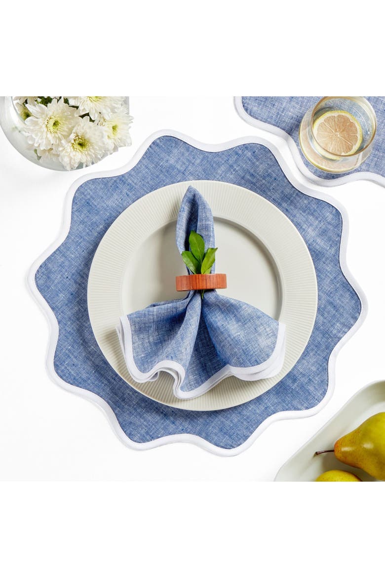 Linen Placemats 16 Inch Round Set of 4 - Giselle Scallop Edge, Alternate, color, White and Chambray Indigo