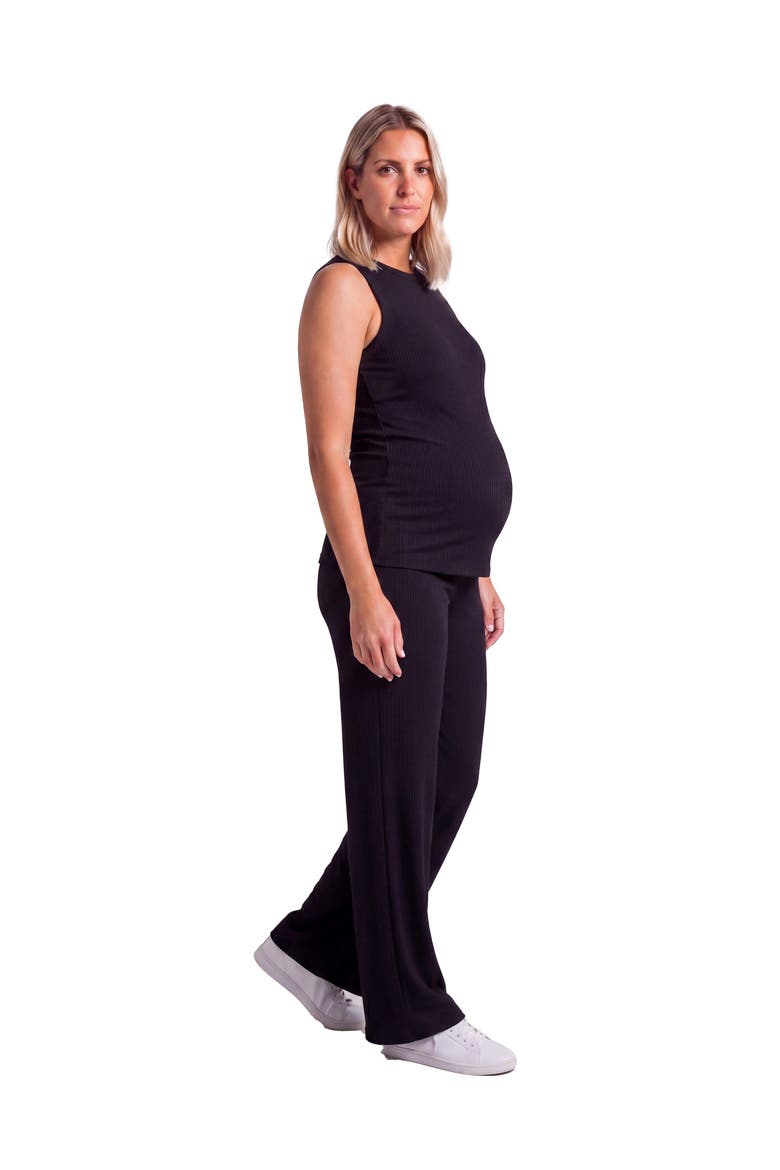 Maternity Basic Ribbed Knit Tank Top and Elastic Waist Wide Leg Pant Set, Alternate, color, Black
