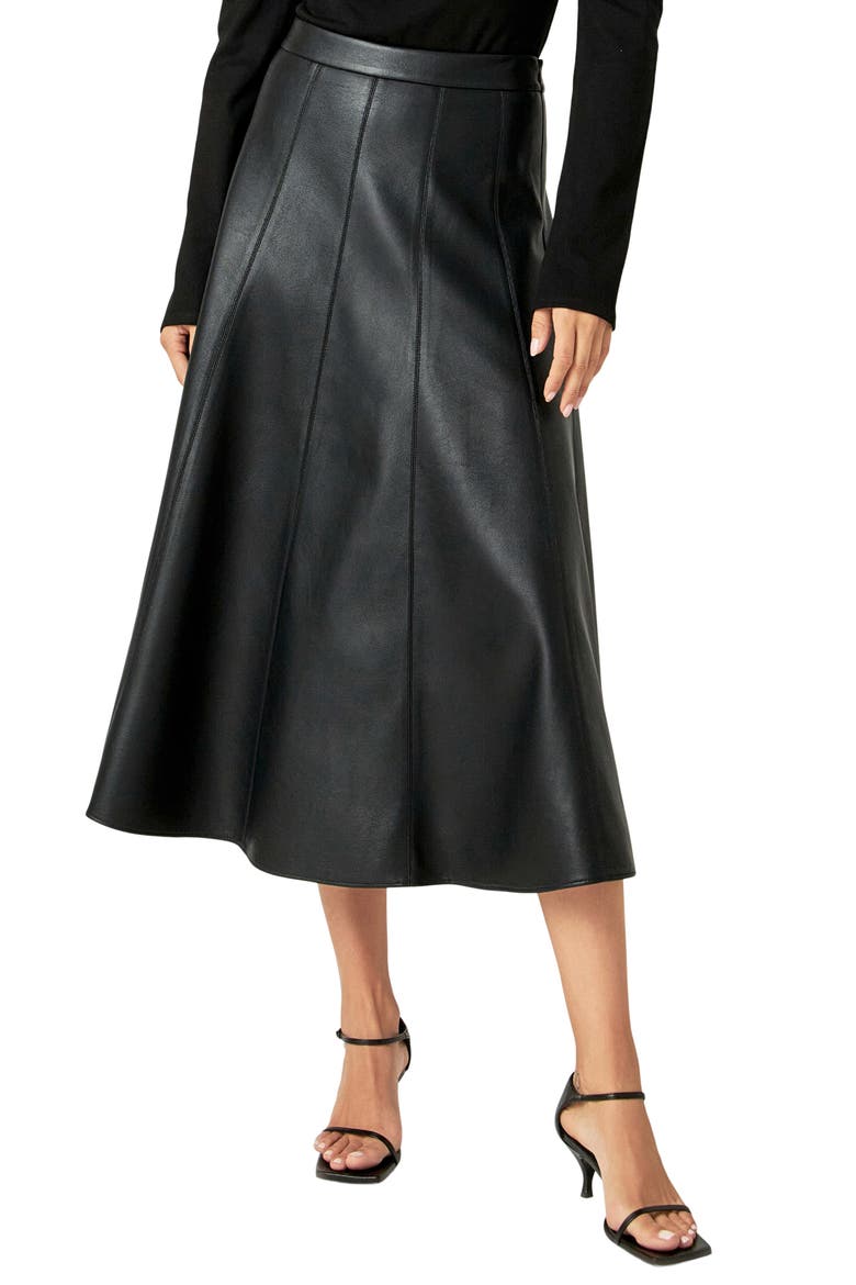 Faux Leather Midi Flare Skirt, Main, color, BLACK