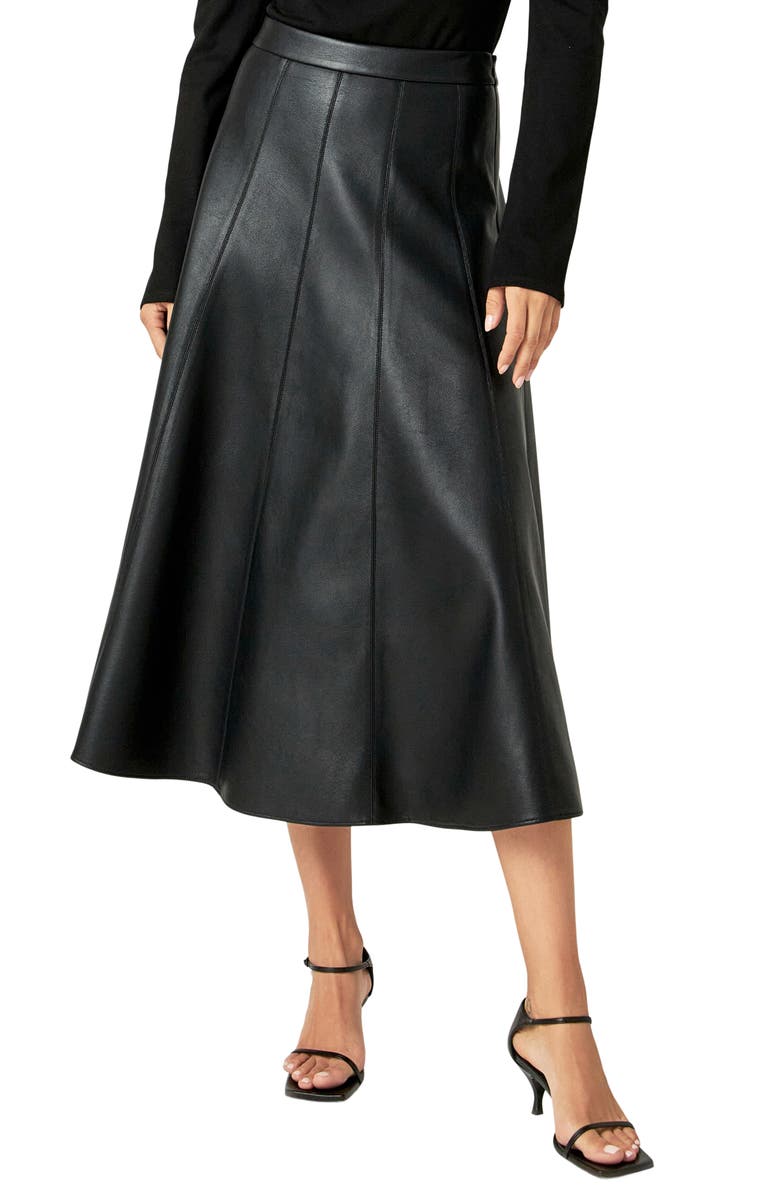 English Factory Faux Leather Midi Flare Skirt, Main, color, 