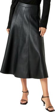 English Factory Faux Leather Midi Flare Skirt