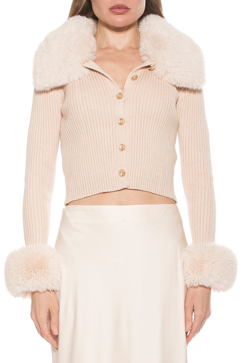 Taytum Button-Down Cardigan with Faux Fur Trim, Main, color, IVORY