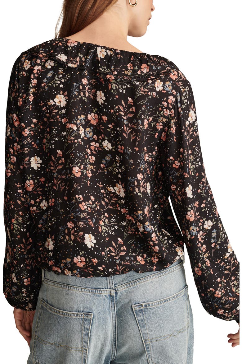 Floral Print Ruffle Tie Neck Top, Alternate, color, BLACK FLORAL