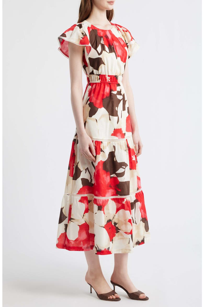 Floral Print Tiered Midi Dress, Alternate, color, WHITE DOVE MULTI