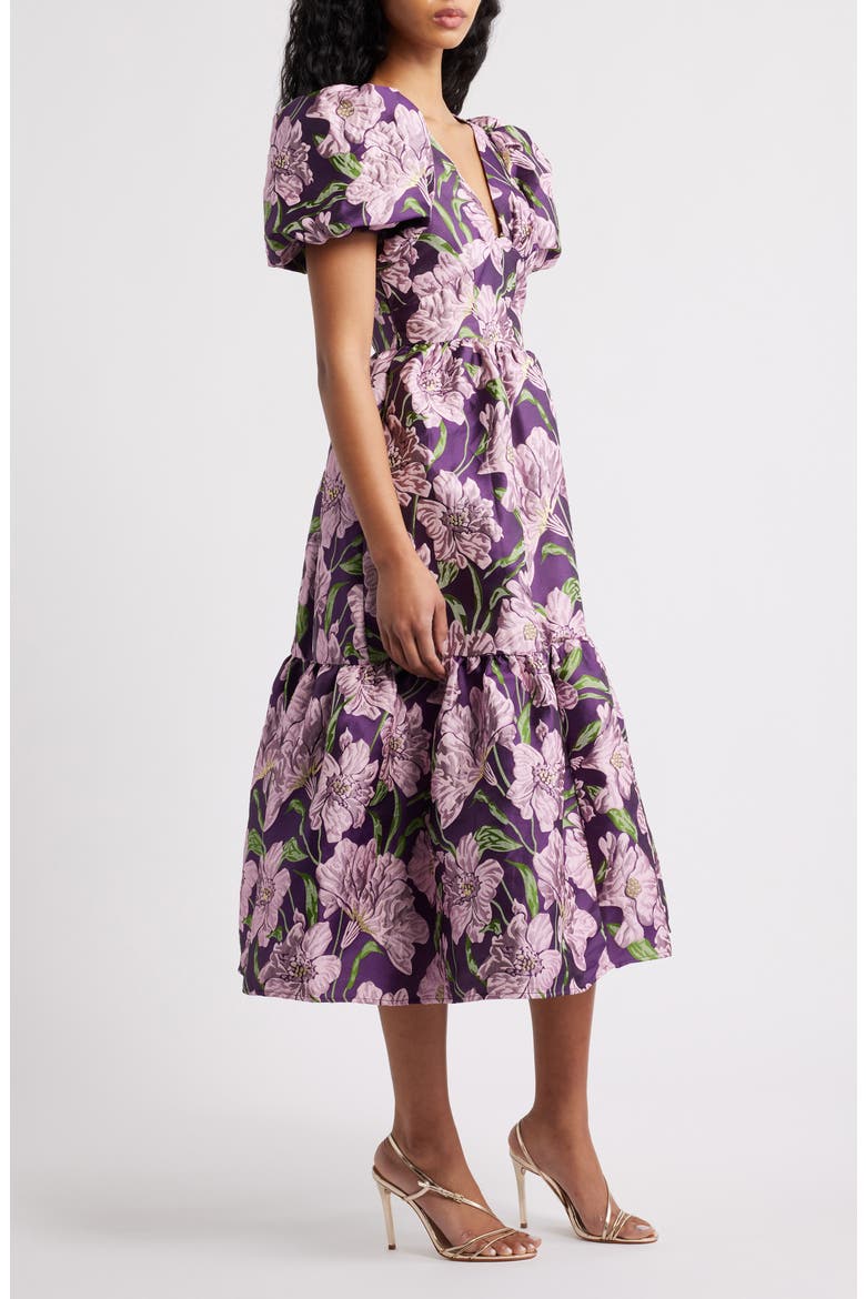 Floraison Floral Jacquard Puff Sleeve Dress, Alternate, color, PURPLE