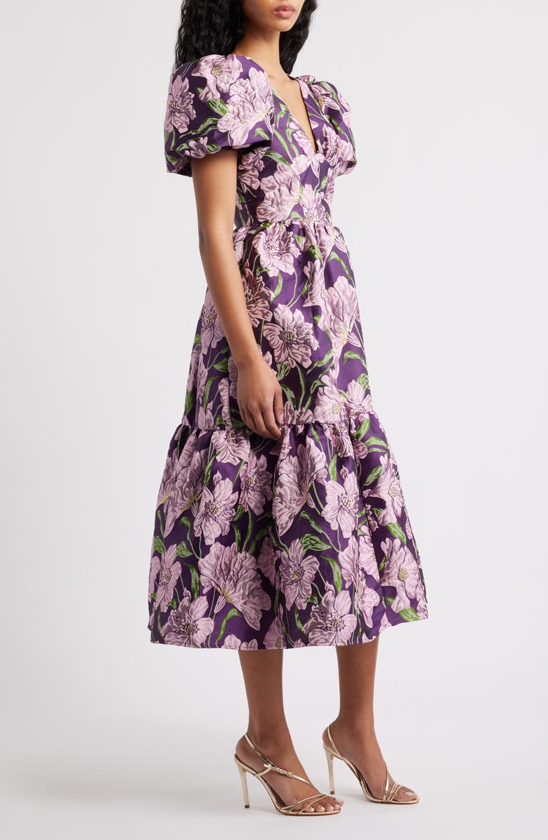Sister Jane Floraison Floral Jacquard Puff Sleeve Dress, Alternate, color, Purple