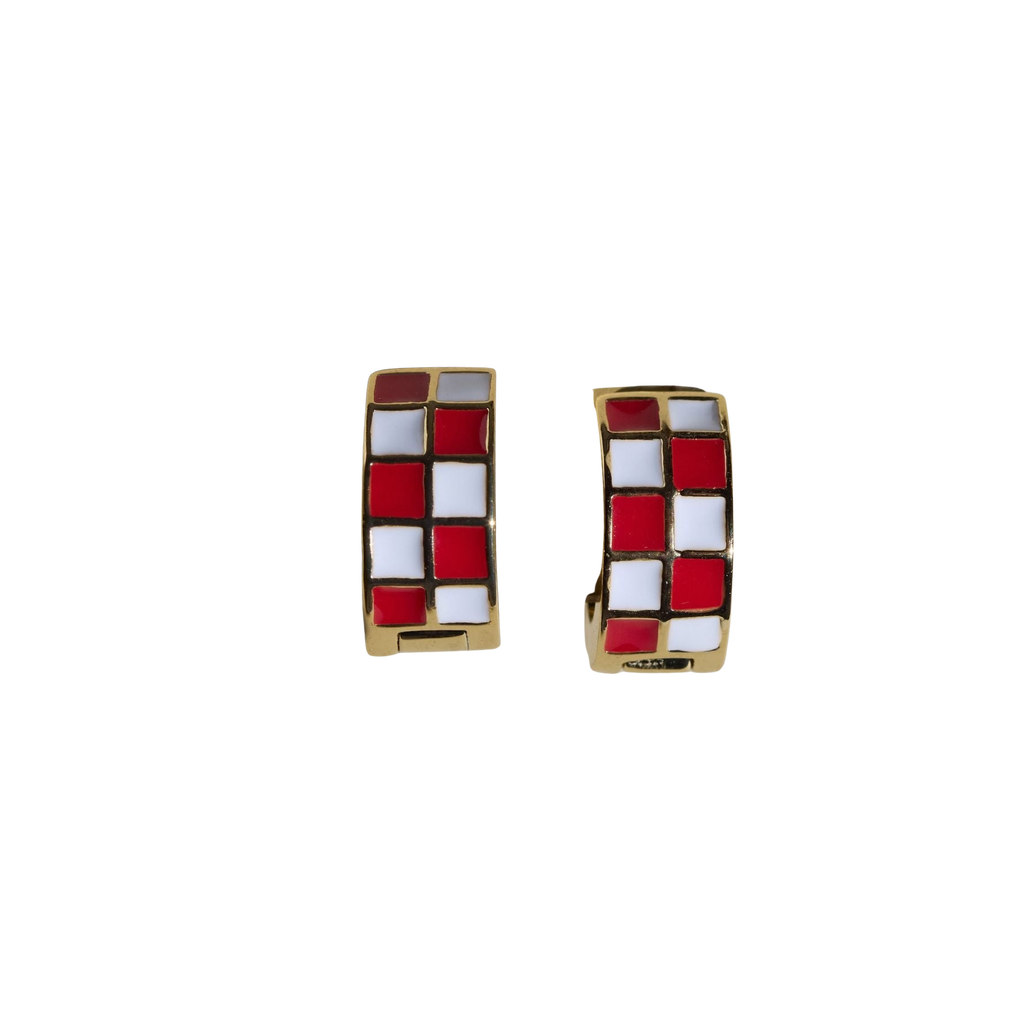 Nickel & Suede Checkered Enamel Huggies